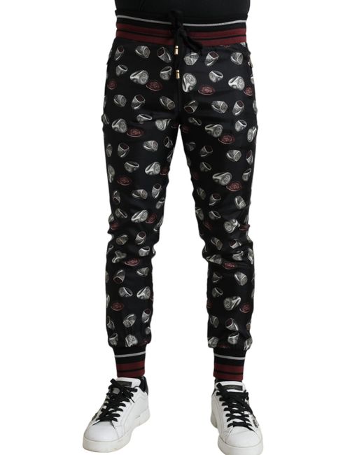 Dolce & Gabbana Black Ring Silk Jogging Trousers Pants for men