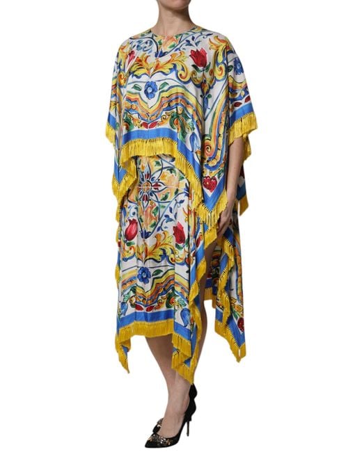 Dolce & Gabbana Blue Majolica Print Fringed Midi Dress