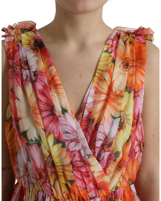 Dolce & Gabbana Red Sunflower Print Silk Midi Dress