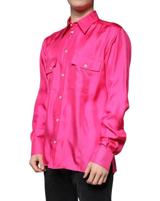 Dolce & Gabbana Pink Silk Collared Button Down Shirt for men