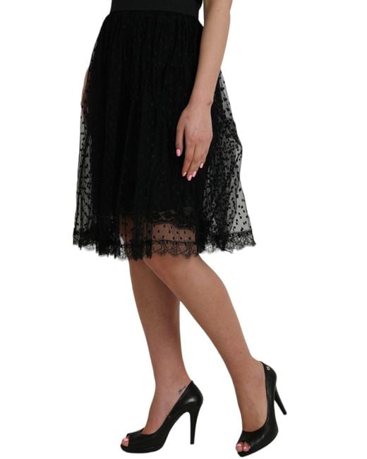 Dolce & Gabbana Black Nylon Lace Trim High Waist A-Line Skirt