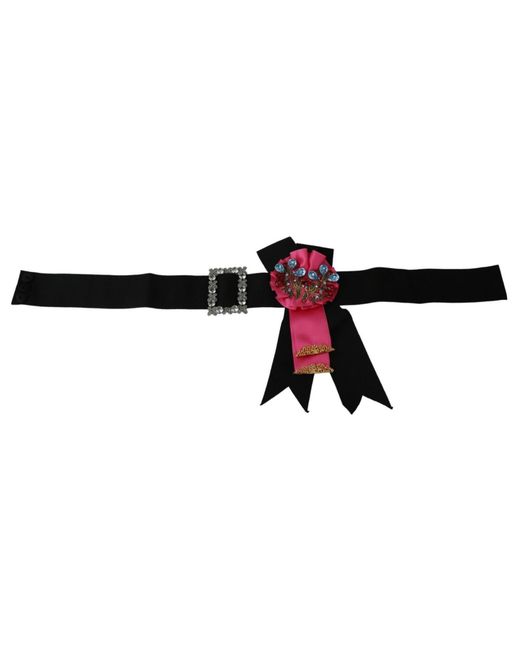 Dolce & Gabbana Black Elegant Floral Crystal Ribbon Waist Belt