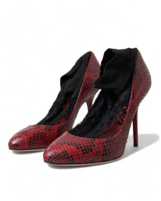 Dolce & Gabbana Red Almond Toe Snakeskin Pumps With Lace Socks