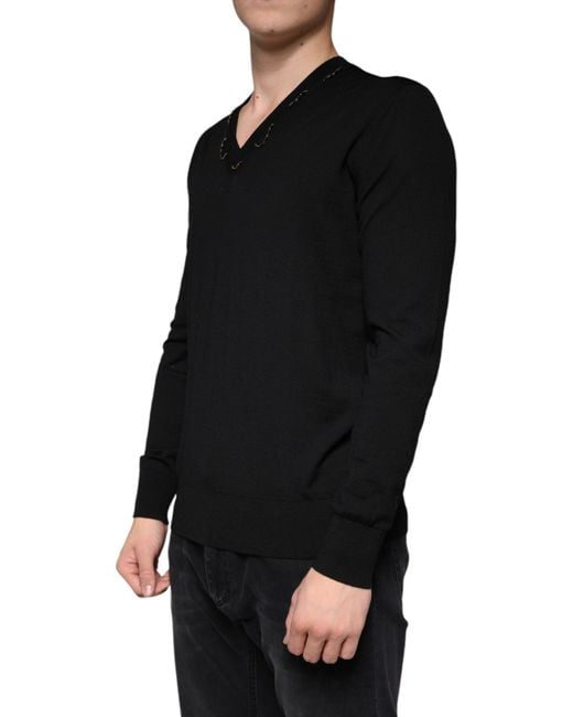 Dolce & Gabbana Black Embellished V-Neck Pullover Sweater for men