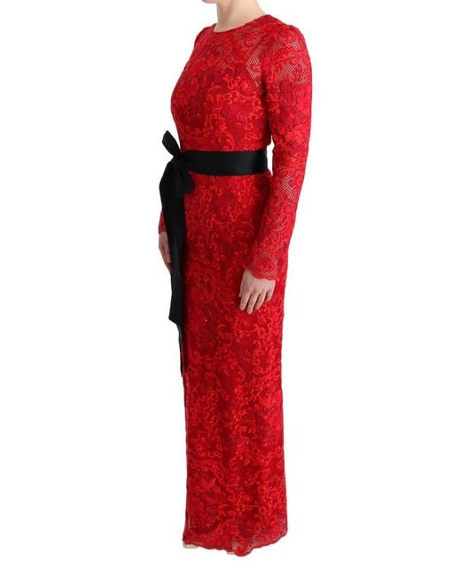 Dolce & Gabbana Red Floral Ricamo Sheath Long Dress