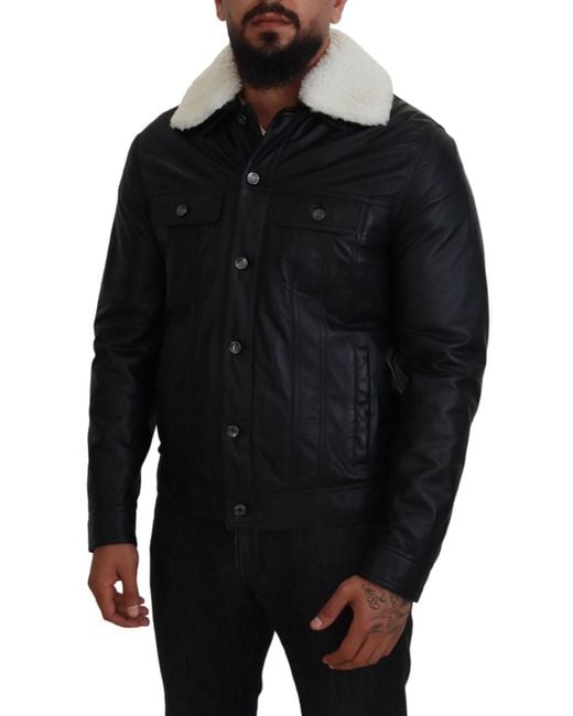 Dolce & Gabbana Black Lamb Leather Collared Coat Jacket for men