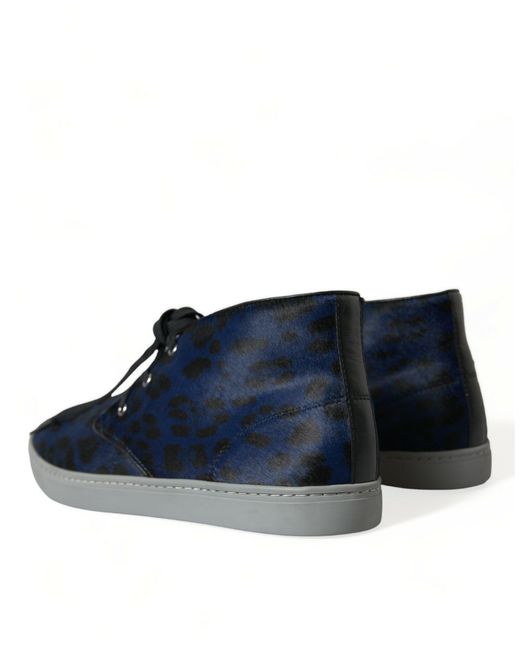 Dolce & Gabbana Blue Calfskin Leopard Mid Top Sneakers Shoes for men
