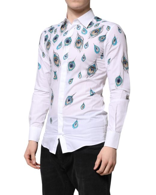 Dolce & Gabbana White Cotton Feather Print Dress Shirt for men
