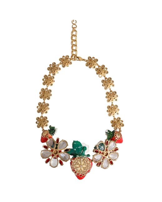 Dolce & Gabbana White Brass Fruit Pendants Flowers Crystal Logo Necklace