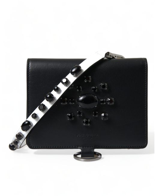 Dolce & Gabbana Black Leather Crystal Embellished Card Holder Wallet