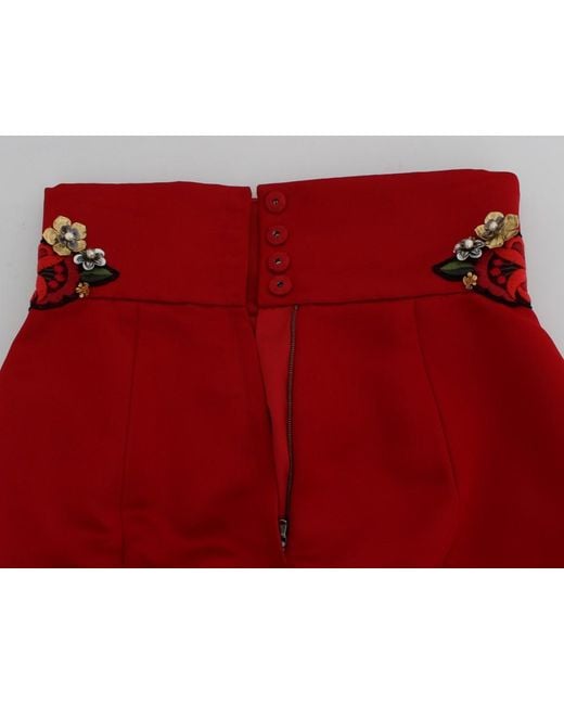 Dolce & Gabbana Red Silk Crystal Roses Shorts
