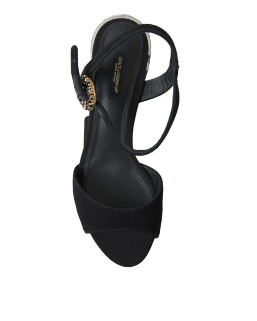 Dolce & Gabbana Black Crystals Ankle Strap Sandals Shoes Wool Viscose Leather