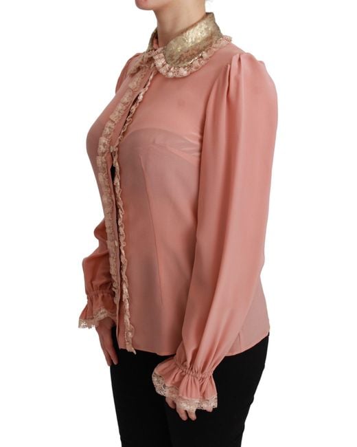 Dolce & Gabbana Pink Silk Sequin Lace Blouse Shirt