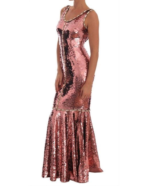 Dolce & Gabbana Red Pink Sequined Sheath Crystal Dress Gown