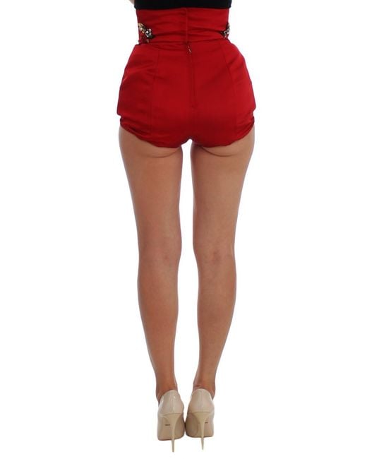 Dolce & Gabbana Red Silk Crystal Roses Shorts