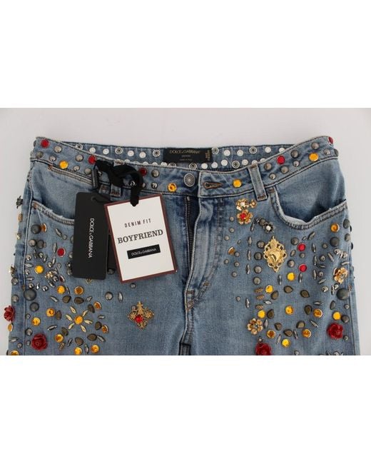 Dolce & Gabbana Blue Crystal Roses Heart Embellished Jeans