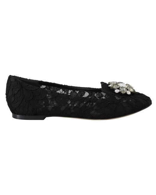 Dolce & Gabbana Black Taormina Lace Crystals Flats Shoes