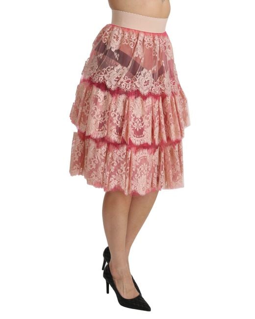Dolce & Gabbana Pink Lace Layered High Waist Knee Length Skirt