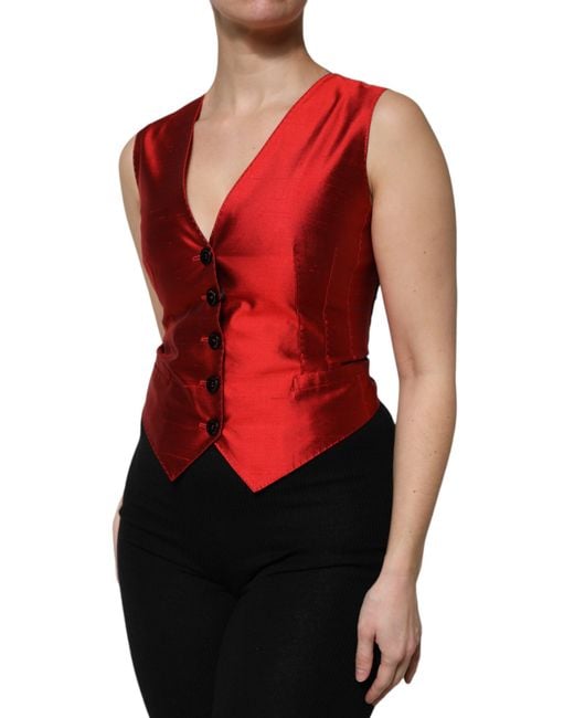 Dolce & Gabbana Red Button Down Sleeveless Vest Top