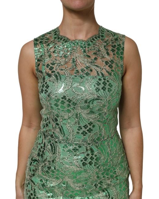Dolce & Gabbana Green Cotton Floral Lace Sheath Midi Dress