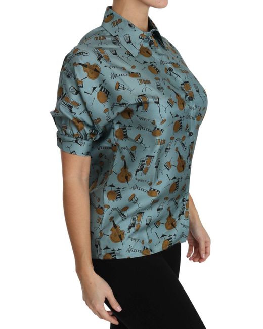 Dolce & Gabbana Blue Musical Instruments Silk Short Sleeve Shirt