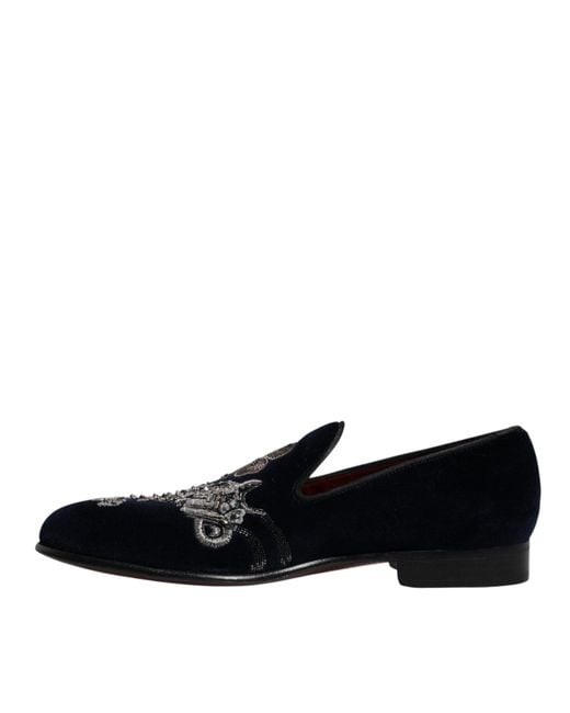Dolce & Gabbana Black Velvet Floral Gun Loafers Dress Shoes for men