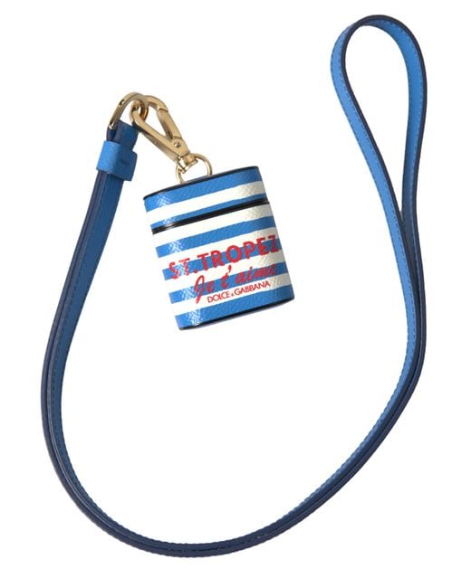 Dolce & Gabbana Blue Stripe Dauphine Leather Logo Print Airpod Case Accessory