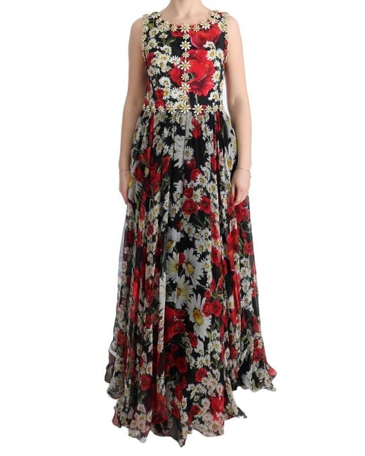 Dolce & Gabbana Multicolor Silk Floral Crystal Long Maxi Dress