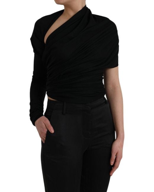 Dolce & Gabbana Black Asymmetric Wool Cutout Top With Logo Details