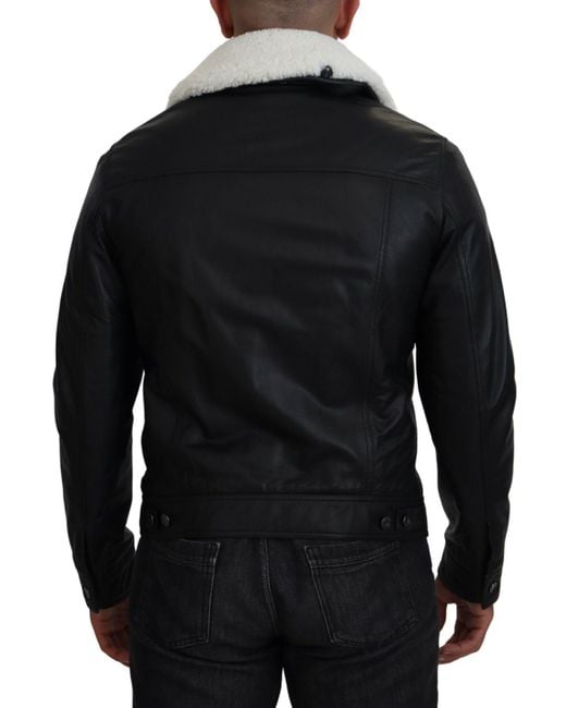 Dolce & Gabbana Black Lamb Leather Collared Coat Jacket for men