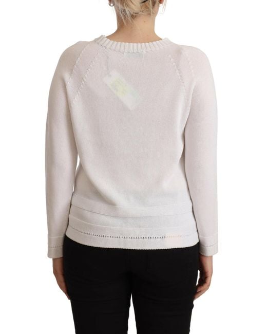 Alpha Studio White Long Sleeves Crewneck Pullover Sweater