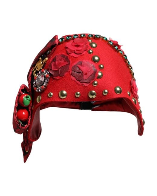 Dolce & Gabbana Red Crystal Roses Brooch Embellished Hat