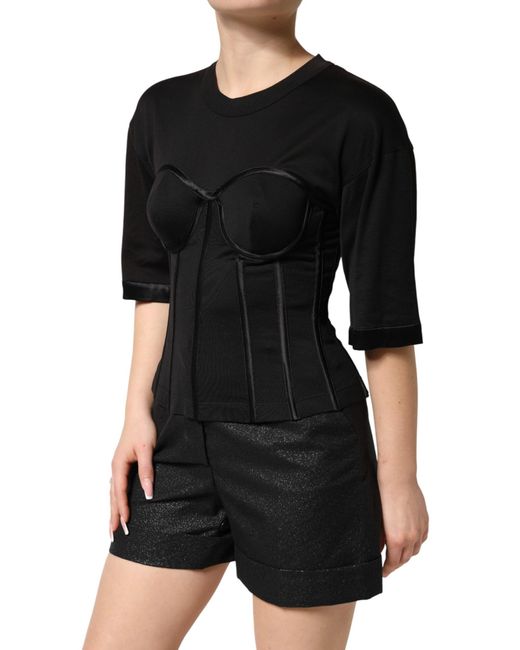 Dolce & Gabbana Black Cotton Bustier Corset Short Sleeves T-Shirt