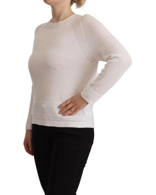Alpha Studio White Long Sleeves Crewneck Pullover Sweater