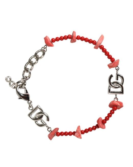 Dolce & Gabbana Red Tone Brass Beaded Resin Dg Logo Chain Bracelet