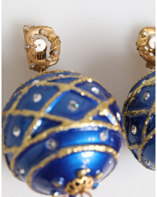 Dolce & Gabbana Blue Brass Christmas Ball Crystal Drop Clip On Earrings