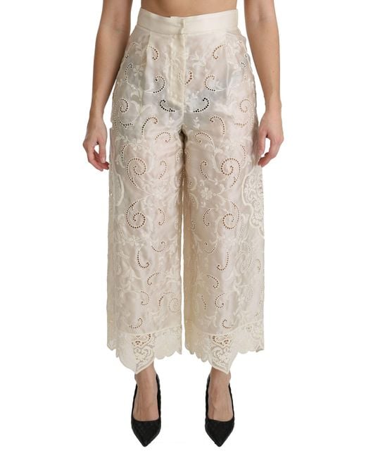 Dolce & Gabbana Natural Lace High Waist Palazzo Cropped Pants