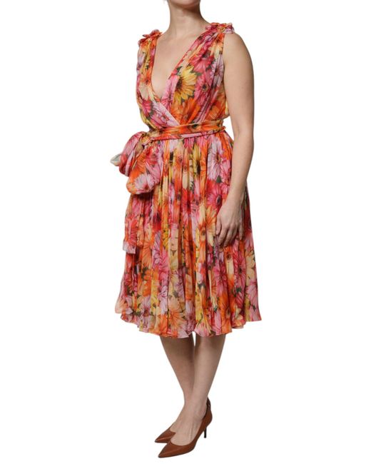 Dolce & Gabbana Red Floral Silk V-Neck Chiffon Dress
