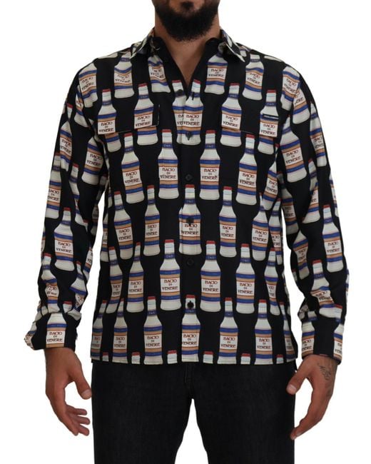 Dolce & Gabbana Black Silk Printed Collared Casual Shirt for men
