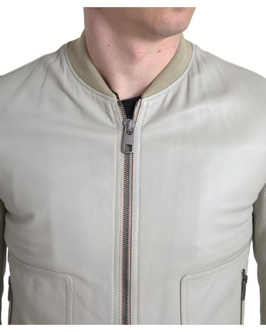 Dolce & Gabbana Gray Leather Bomber Blouson Full Zip Jacket for men