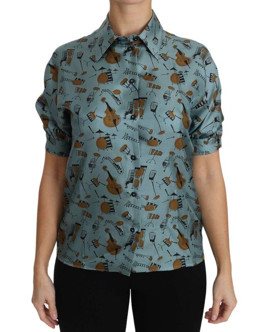 Dolce & Gabbana Blue Musical Instruments Silk Short Sleeve Shirt