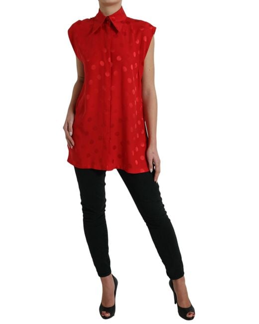 Dolce & Gabbana Polka Dot Sleeveless Collared Blouse Top