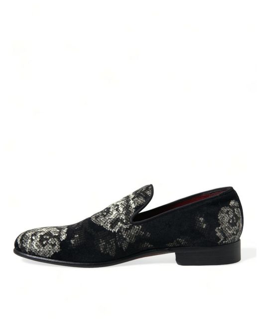 Dolce & Gabbana Black Floral Slippers Loafers Dress Shoes for men