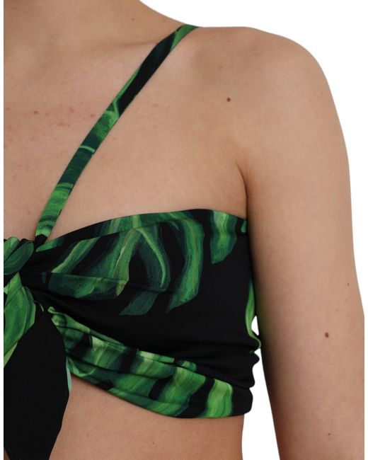 Dolce & Gabbana Green Leaf Silk Halter Cropped Top