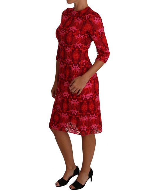 Dolce & Gabbana Dolce Gabbana Floral Crochet Lace Red Sheath Dress