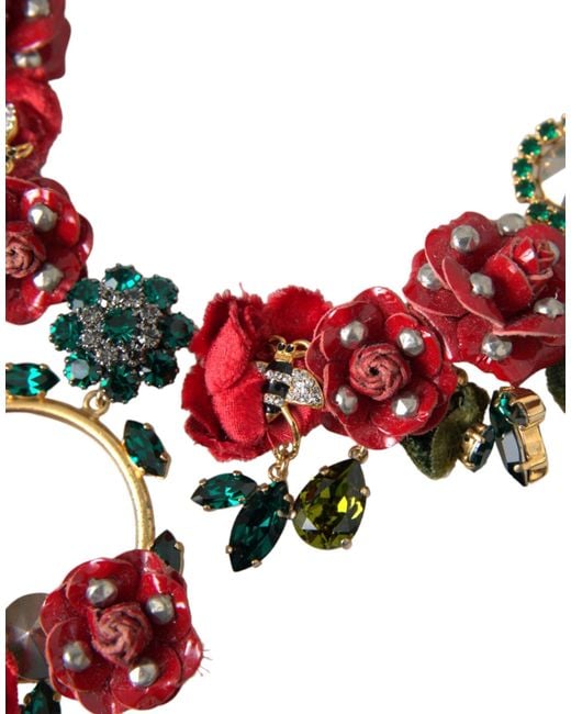 Dolce & Gabbana Red Brass Link Chain Rosepetal Crystal Pendant Necklace