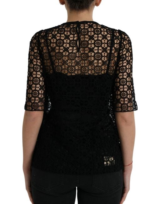 Dolce & Gabbana Black Floral Lace Short Sleeves Blouse Top