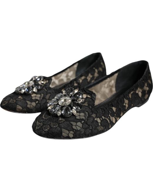 Dolce & Gabbana Black Lace Crystal Ballet Flats Loafer Shoes