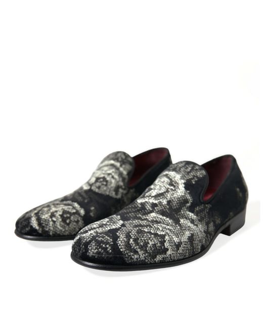 Dolce & Gabbana Black Floral Slippers Loafers Dress Shoes for men