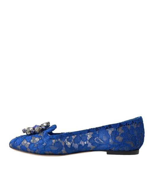 Dolce & Gabbana Blue Lace Crystal Ballet Flats Loafers Shoes